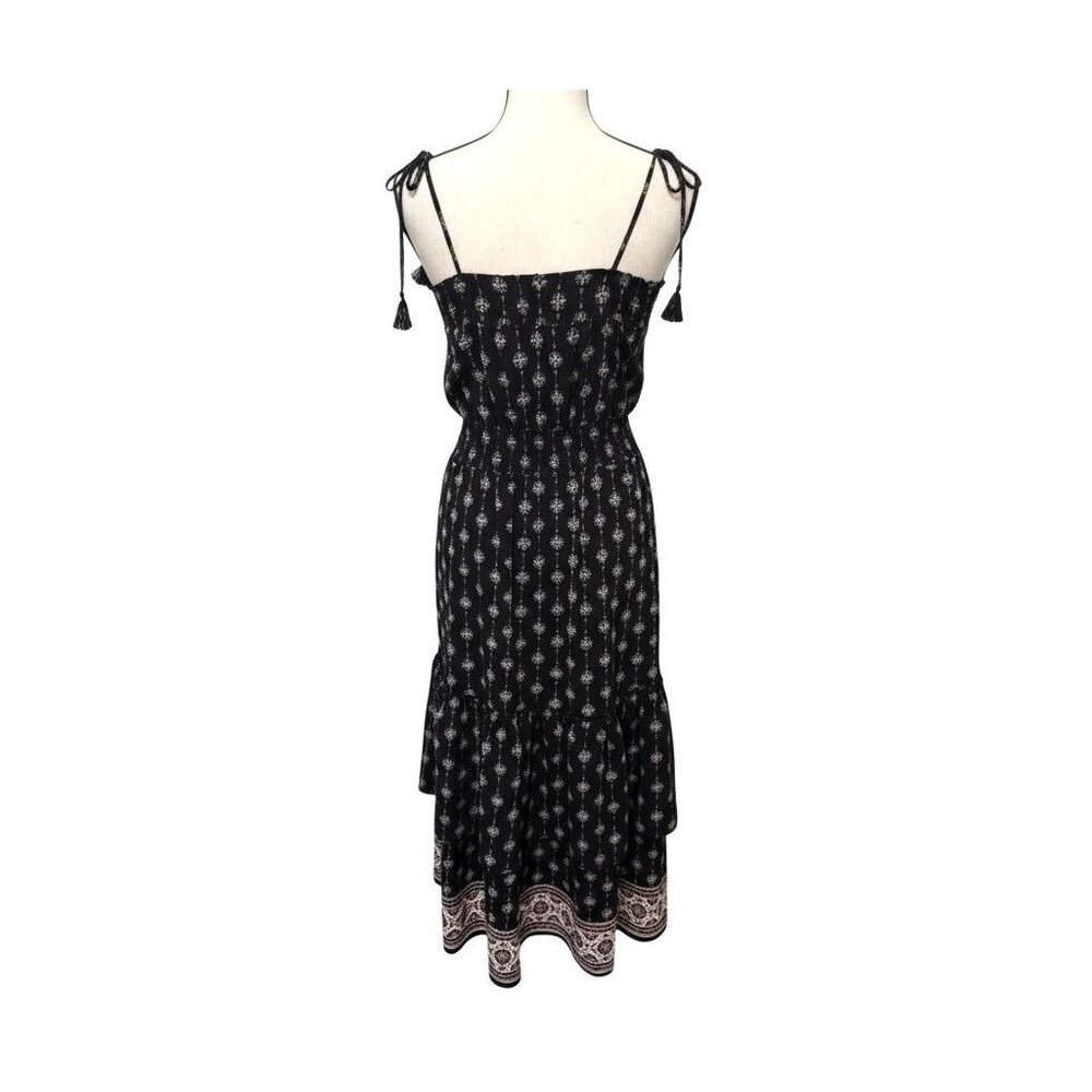 Misa Azalea Black Boho Floral Midi‎ Dress W/ Self-Tie Straps Smocked Waist Sz M - Picture 4 of 10
